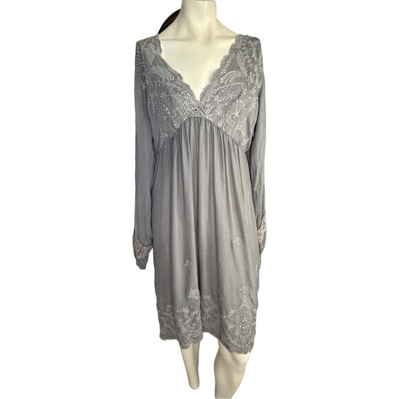 Johnny Was Women's Gray Cupra Rayon V-neck Embroidered Eyelet Tunic Dress Medium - Picture 1 of 6